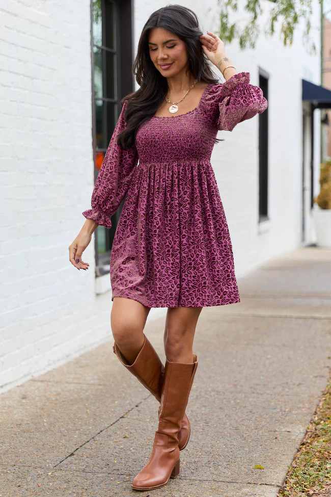 Evie Burgundy Animal Print Velvet Burnout Mini Dress | Pink Lily