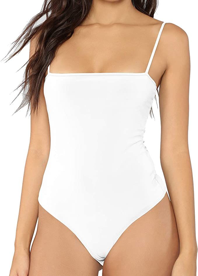 MANGDIUP Womens V-Neck Square Neck Backless Camisole Adjustable Spaghetti Strap Bodysuits Jumpsui... | Amazon (US)