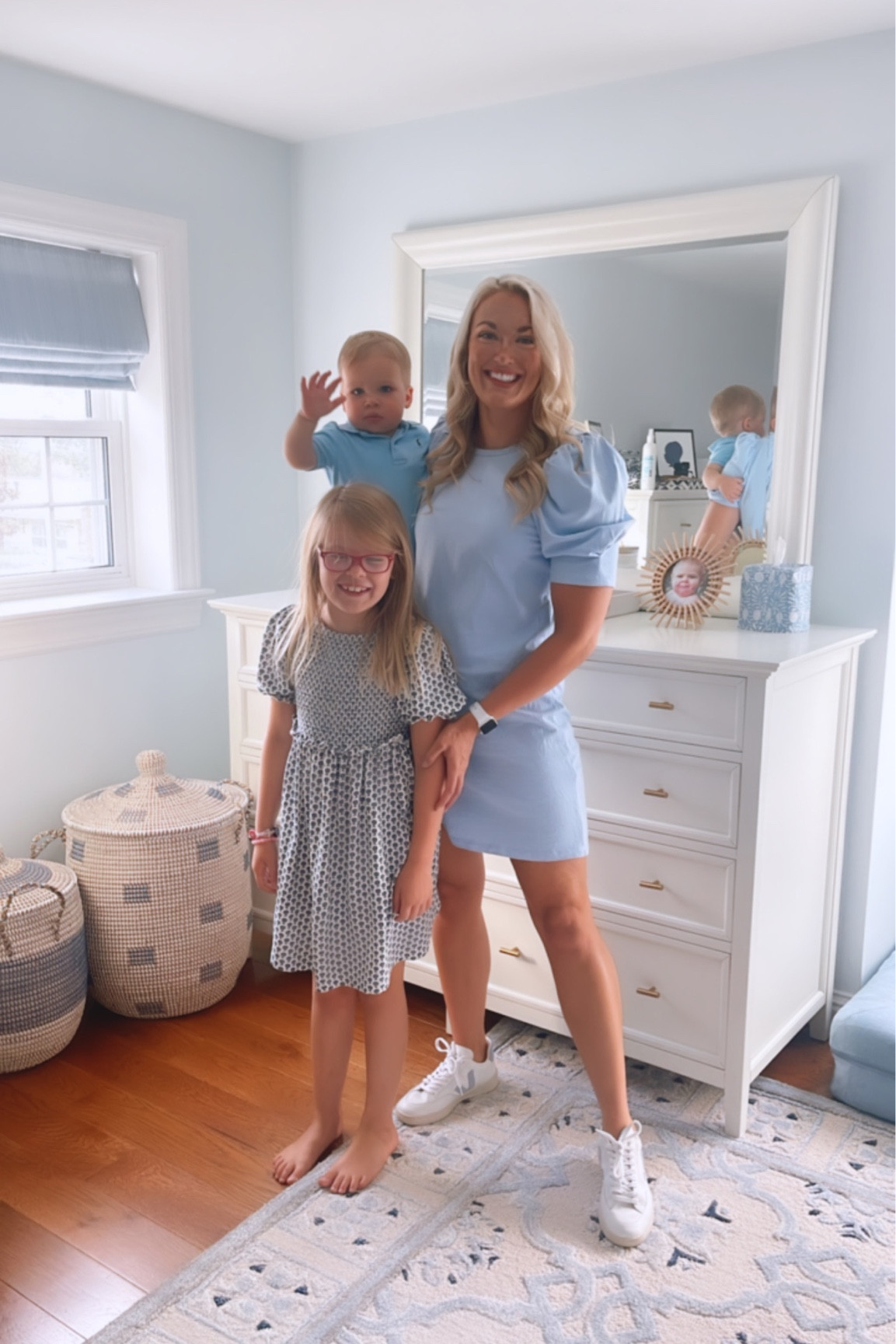 Family ootd, master bedroom, preppy puff sleeve knit t-shirt dress, veja sneakers, girls smocked dress, baby boy outfit 

#LTKunder100 #LTKfamily #LTKhome