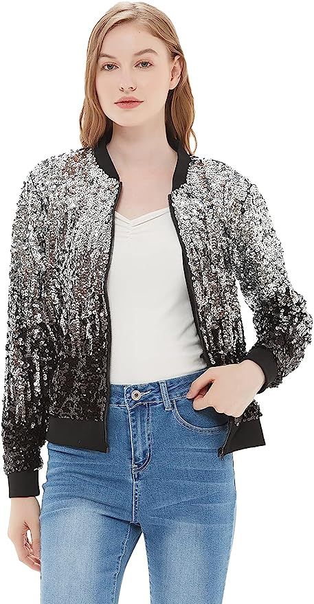 Anna-Kaci Womens Sequin Long Sleeve Front Zip Jacket with Ribbed Cuffs | Amazon (US)