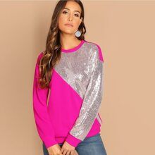 Sequin Patched Cut-and-sew Pullover | SHEIN