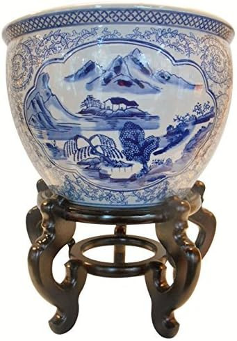 Oriental Furnishings Blue and White Porcelain Garden Pots Painted Landscape (10" W x 8" H | Insid... | Amazon (US)
