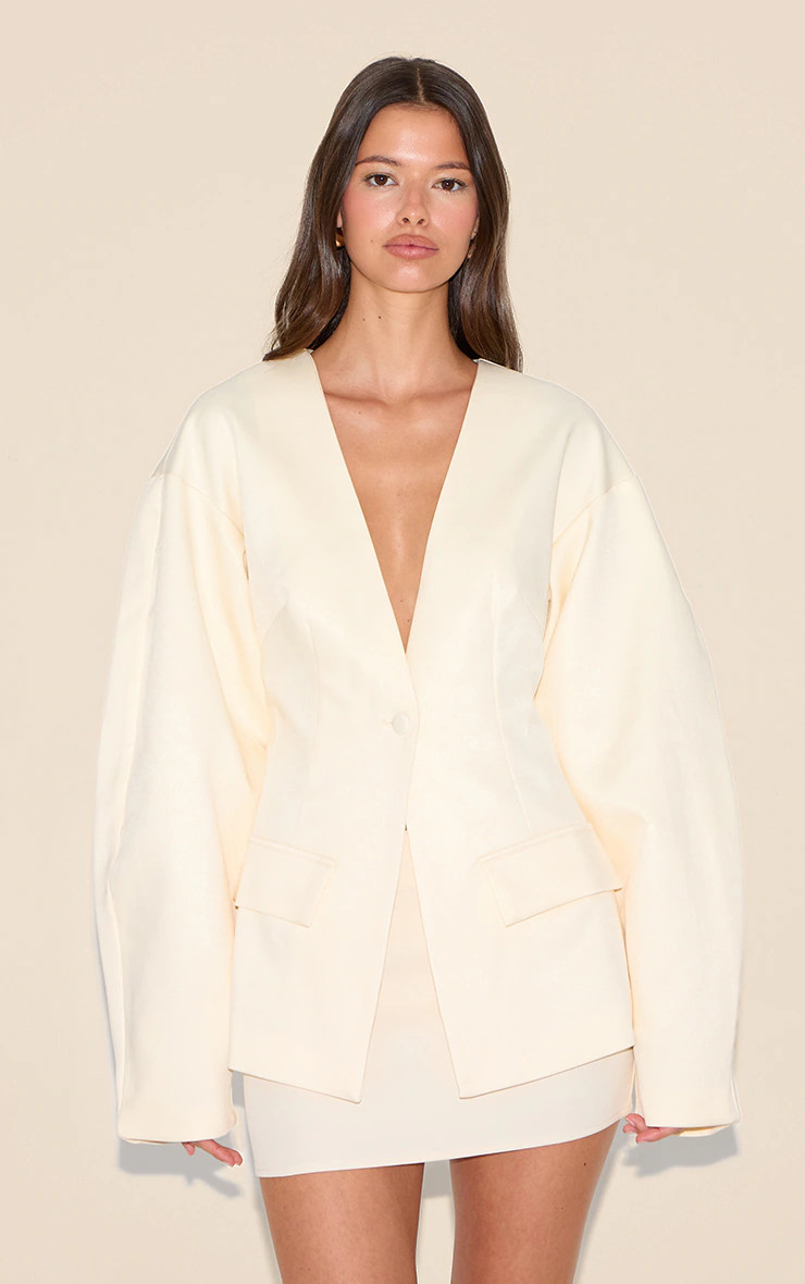 Ecru Cocoon Sleeve Cinched Waist Pocket Blazer | PrettyLittleThing US