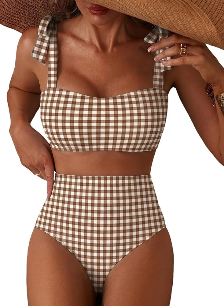Herseas Women's Tie Shoulder Bikini Sets 2 Piece Striped Swimsuits High Waisted Bathing Suits | Amazon (US)
