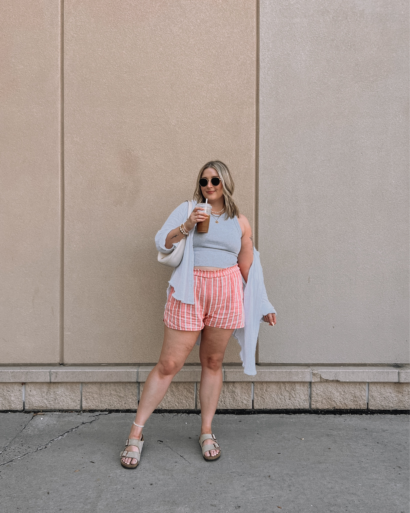 Casual midsize summer outfit - pink linen striped boxer shorts (L), basic grey tank top (L), gauzy white button up (linked this year’s version), Birkenstock Arizona sandals (so comfy and tts)


#LTKmidsize #LTKsummer #LTKcanada