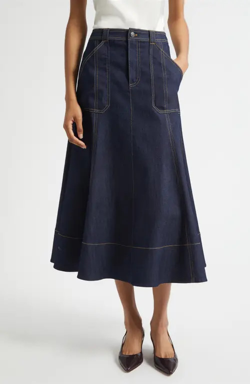 Cinq à Sept Benjiy Denim Midi Skirt in Indigo at Nordstrom, Size 14 | Nordstrom