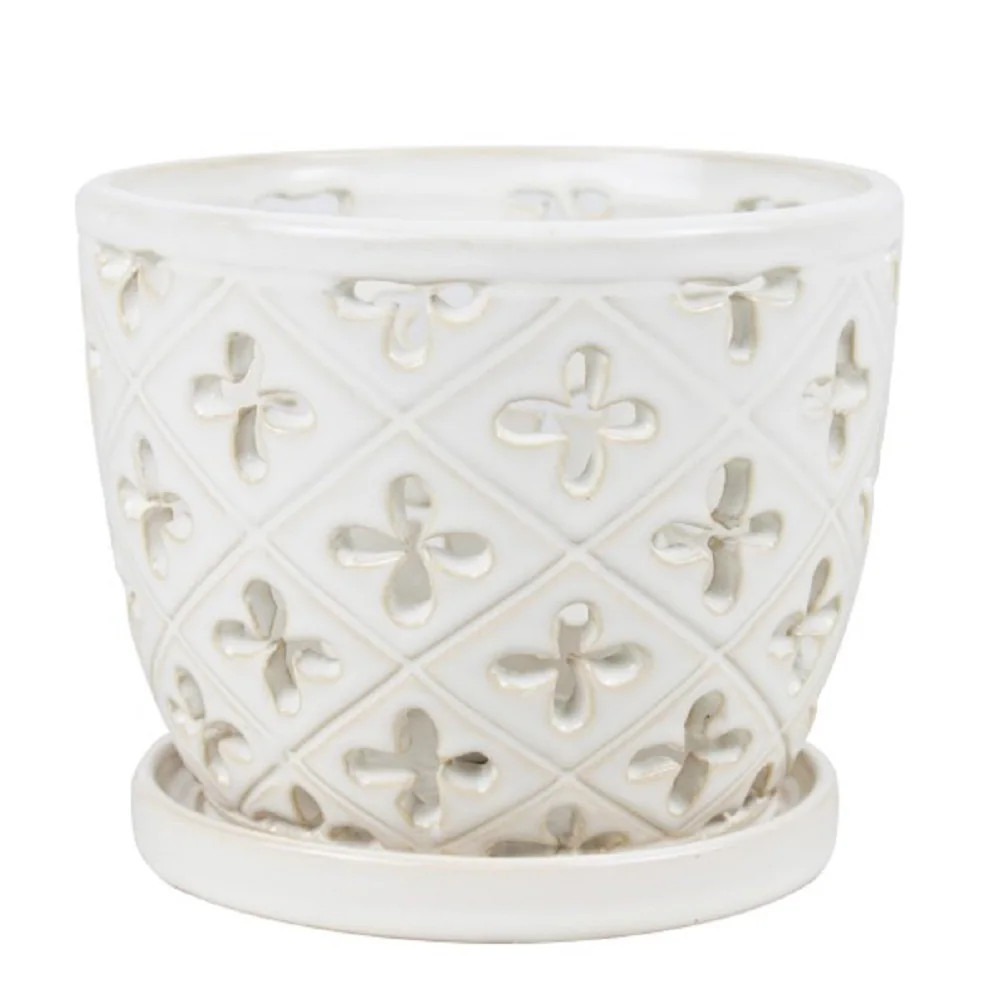 allen + roth Round 8.27-in W Small White Ceramic Indoor Planter With Drainage Holes Attached Saucer | CR10464-08B | Lowe's