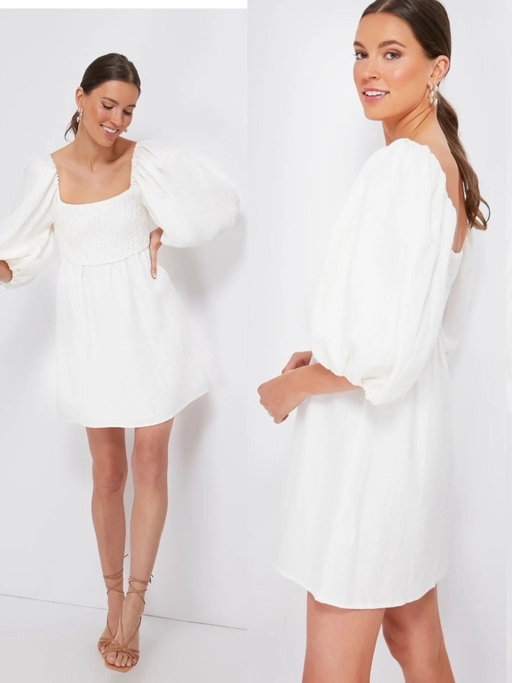 Tuckernuck Annie White Puff-Sleeve Smocked Mini Dress M 100% Linen | Poshmark