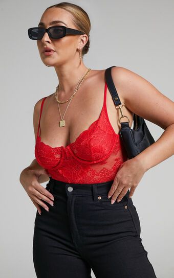 Tharamay Strappy Open Back Lace Bodysuit in Red | Showpo (ANZ)