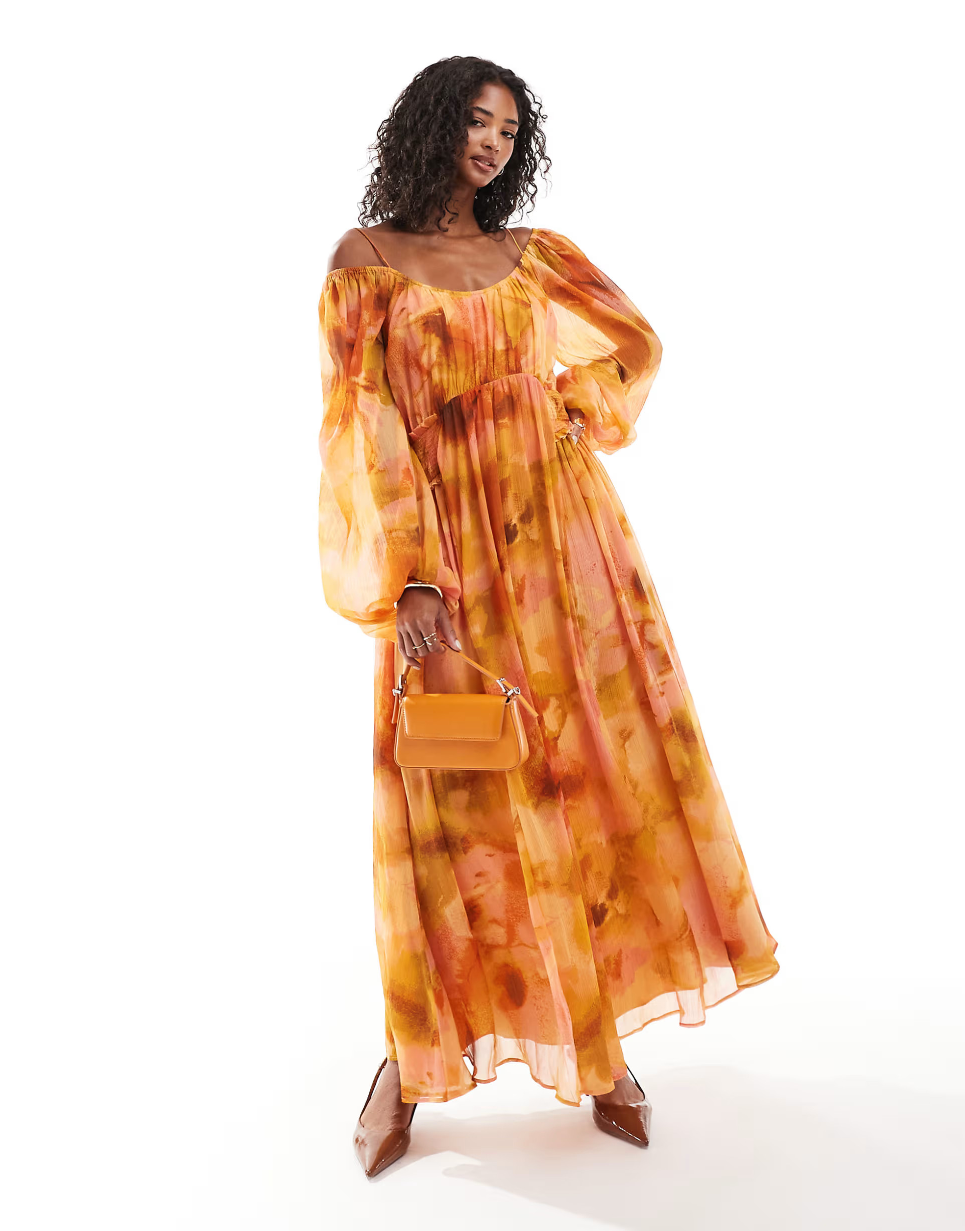 ASOS DESIGN scoop neck shirred waist insert maxi dress in orange floral print | ASOS (Global)