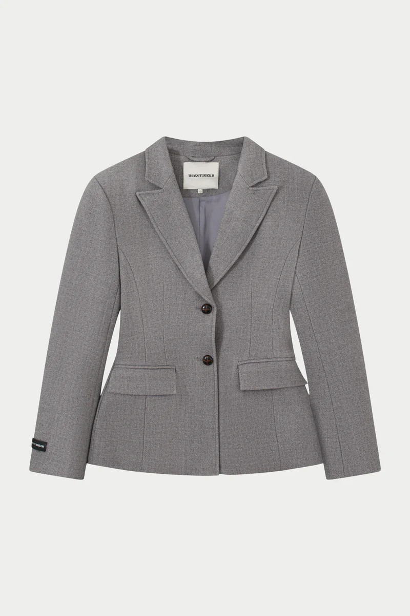 HERRINGBONE CINCHED WAIST TAILORED BLAZER - GREY | The Couture Club