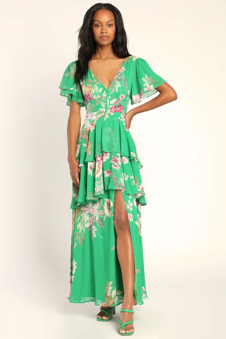 Midnight Mood Green Floral Print Tiered Maxi Dress | Lulus (US)