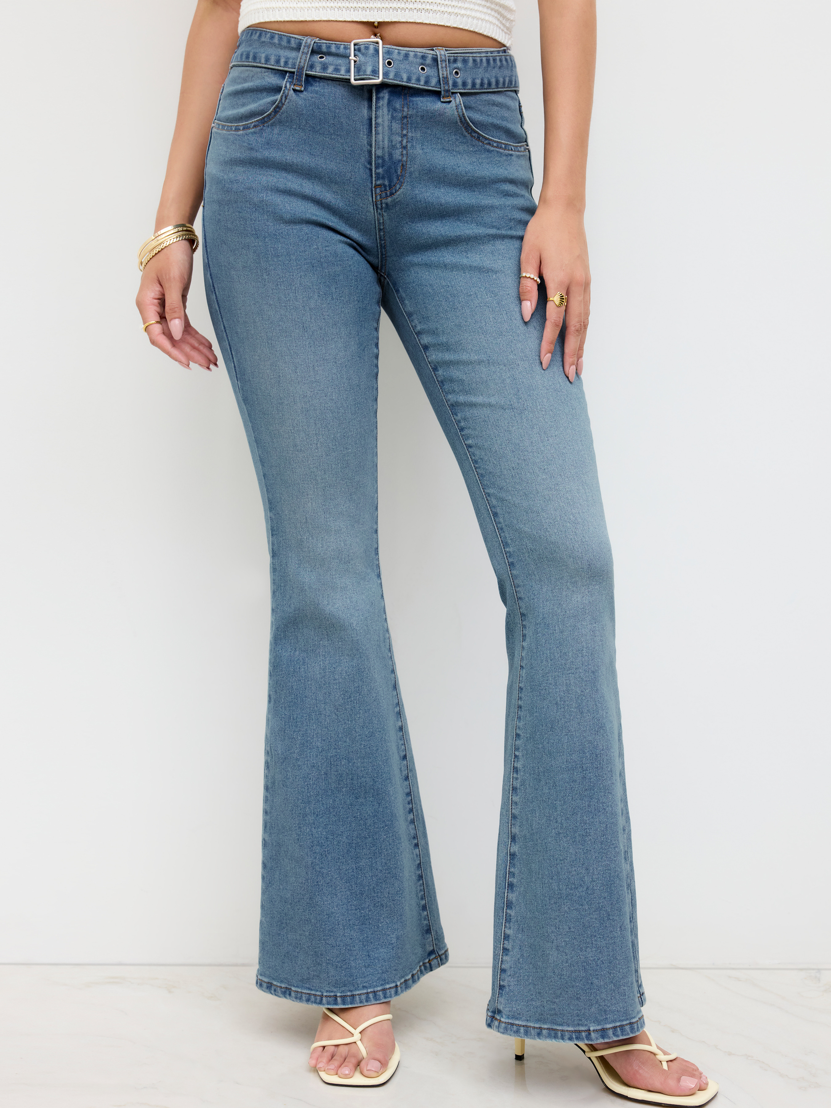 Denim Stretch Cider Denim Low Rise Flared Jeans With Belt For Daily Casual | Cider