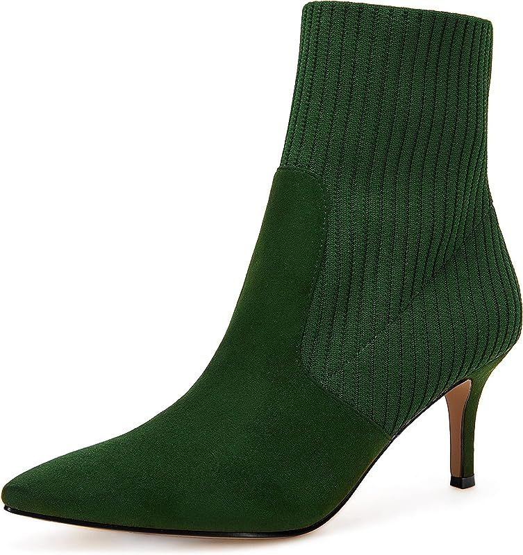Coutgo Women's Pointed Toe Ankle Boots Stiletto Kitten Heel Knit Faux Suede Winter Sock Booties | Amazon (US)