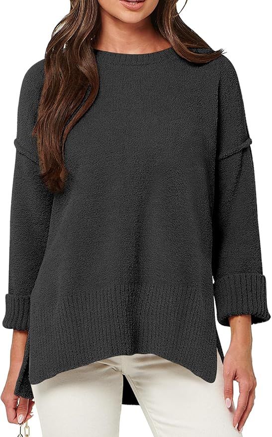 ANRABESS Women's Crewneck Oversized Sweaters Fuzzy Knit Chunky Warm Side Slit Pullover Long Sleev... | Amazon (US)