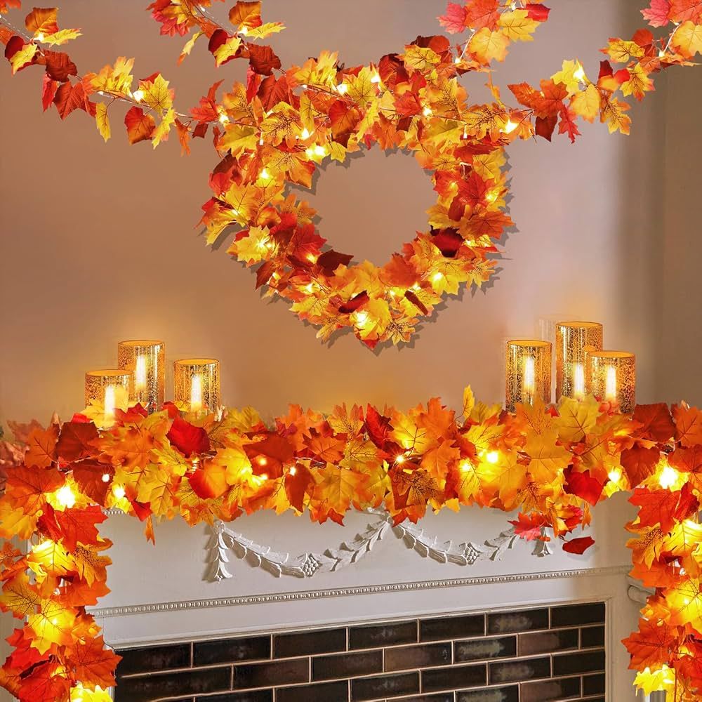 2 Pack Fall Decor Maple Leaves Garland with Lights Battery Operated Fall Thanksgiving Decorations... | Amazon (US)