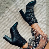 Ecoligical Leather Black Boots Ankle Black With Zipper & Crystals Modern High Heel Unique Women | Etsy (US)