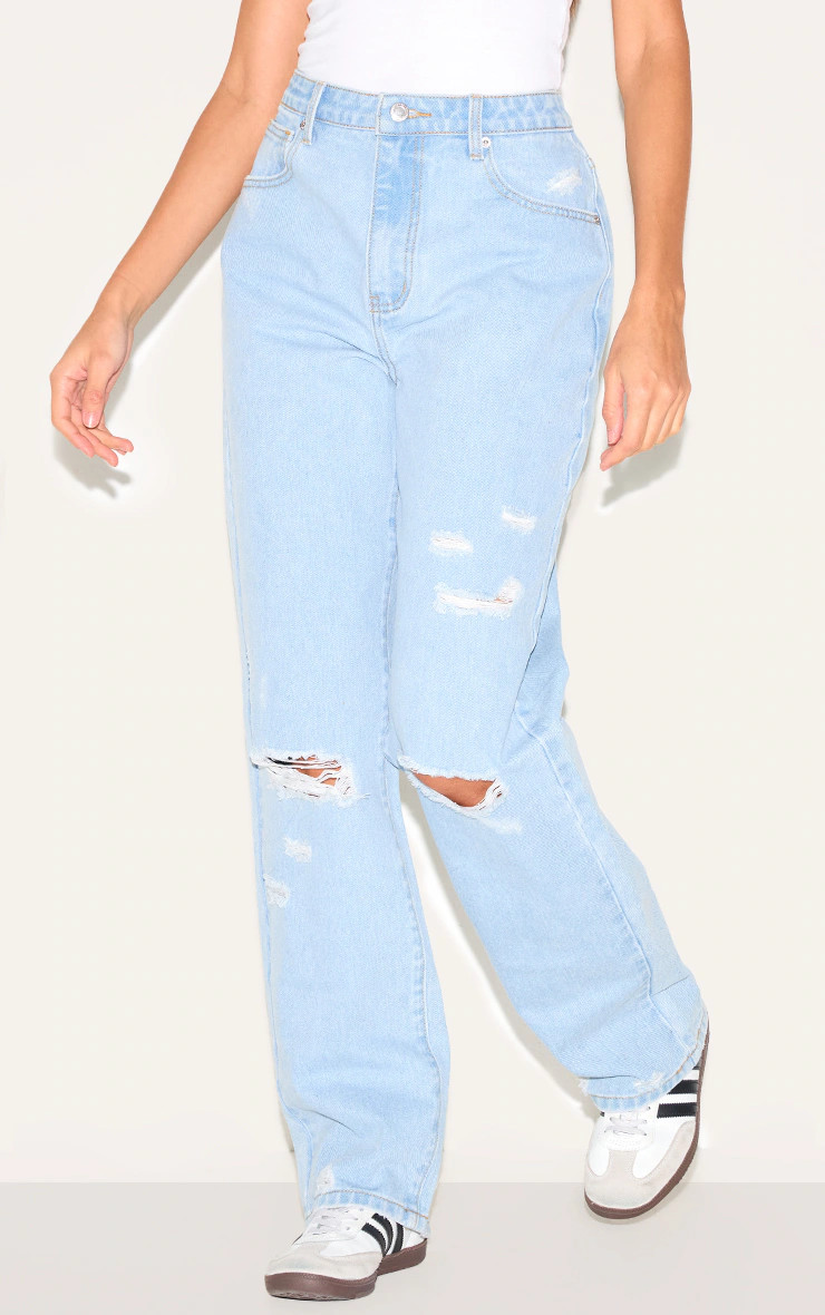 Light Blue Wash Distressed Style Boyfriend Jeans | PrettyLittleThing US