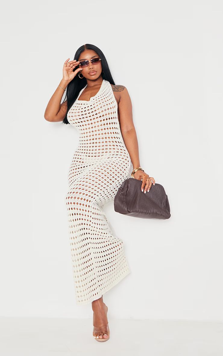 Shape Cream Crochet Knit Halterneck Open Back Maxi Dress | PrettyLittleThing US