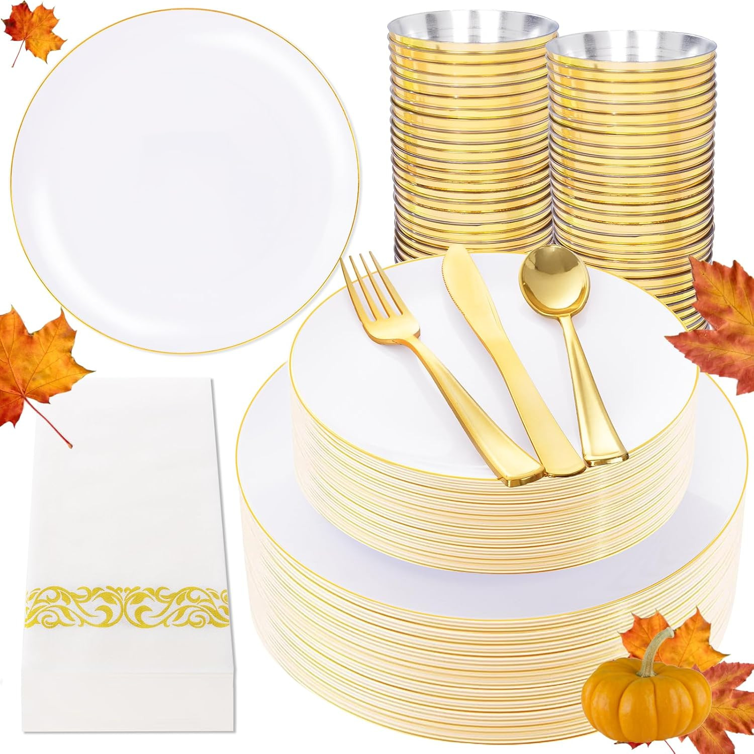 NOCCUR 350PCS Gold Disposable Dinnerware Set for 50 Guests - White and Gold Plastic Plates Includ... | Amazon (US)