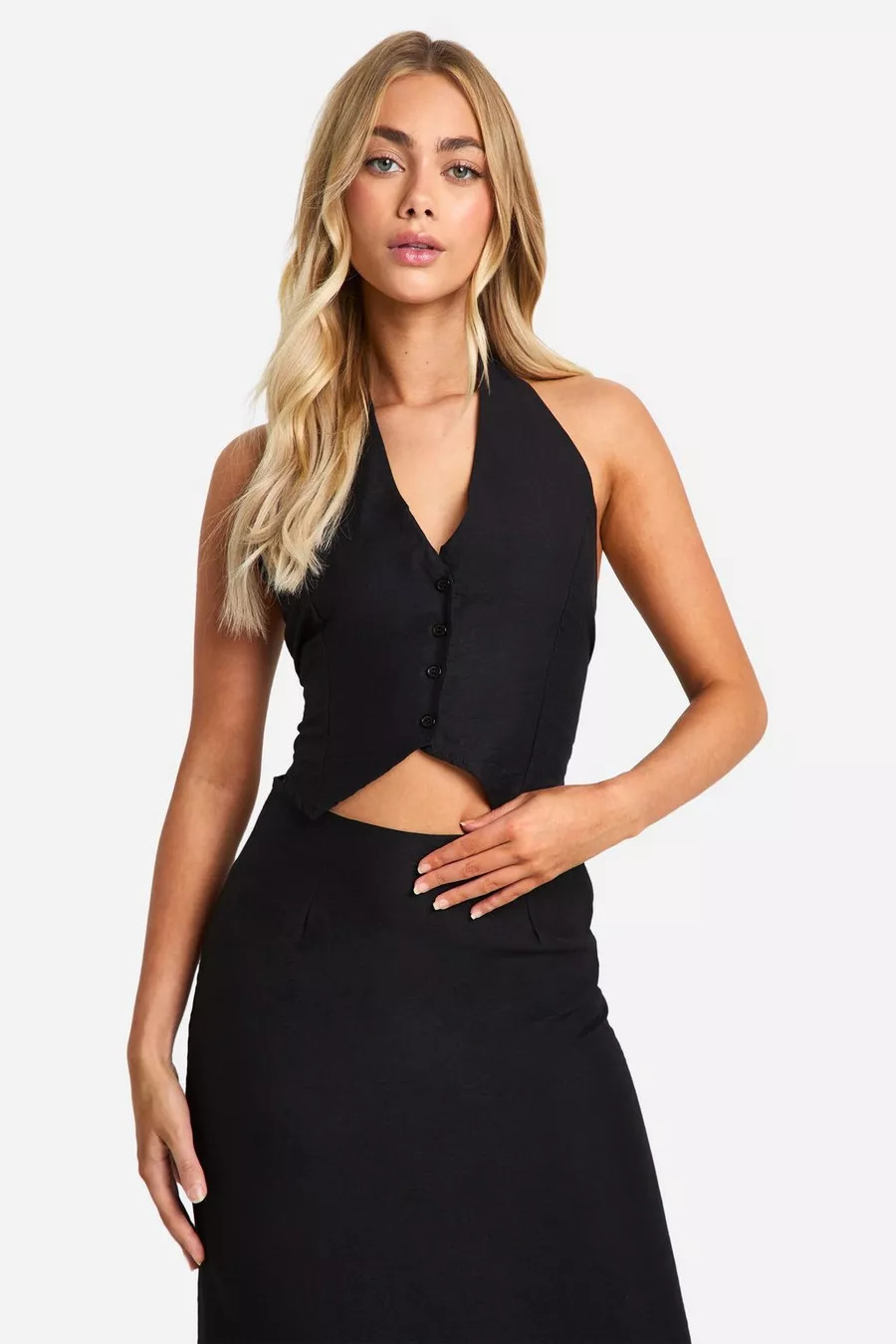 Linen Look Halter Fitted Waistcoat | Boohoo.com (UK & IE)