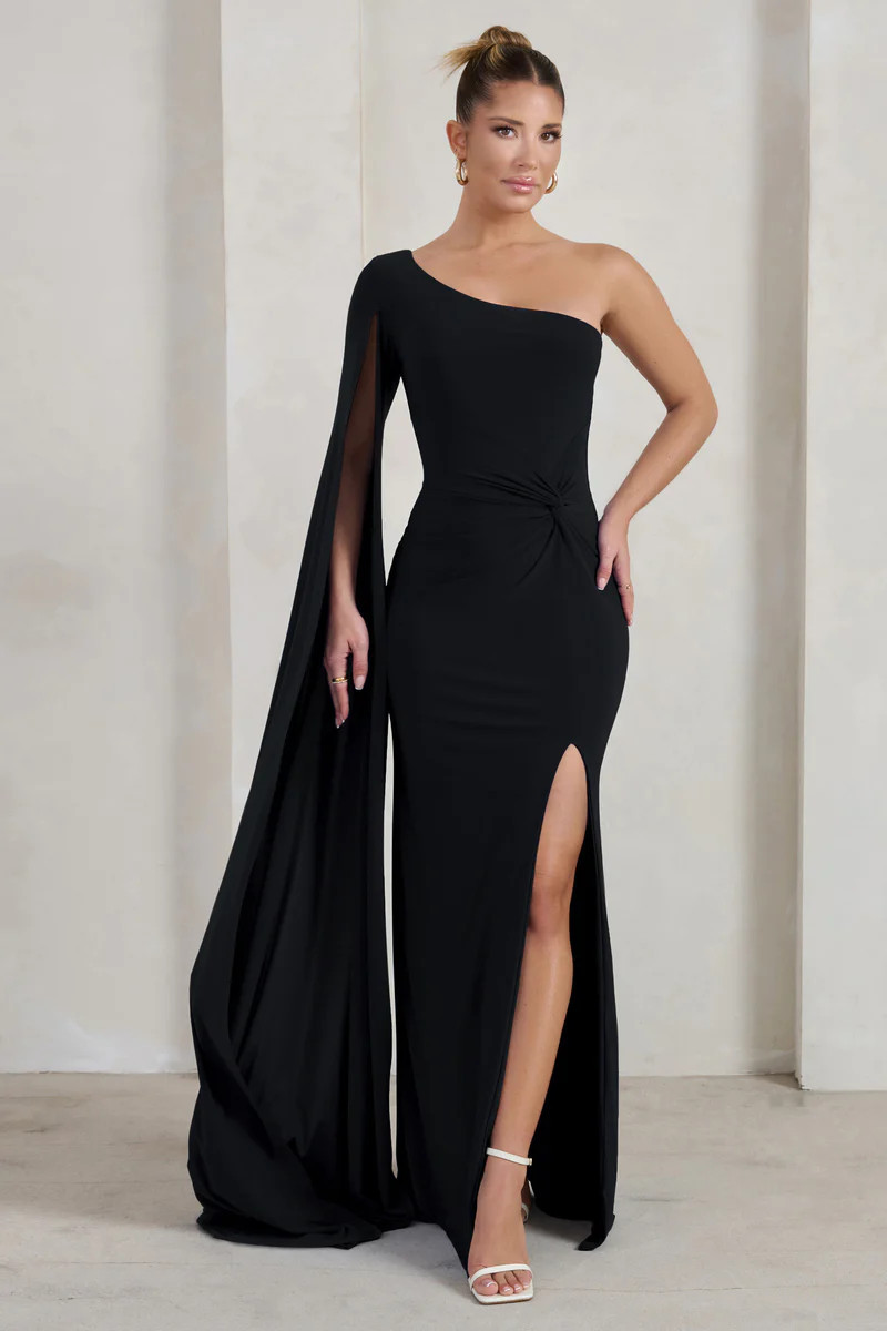 Romi | Black One Shoulder Twist Design Maxi Dress | Club L London