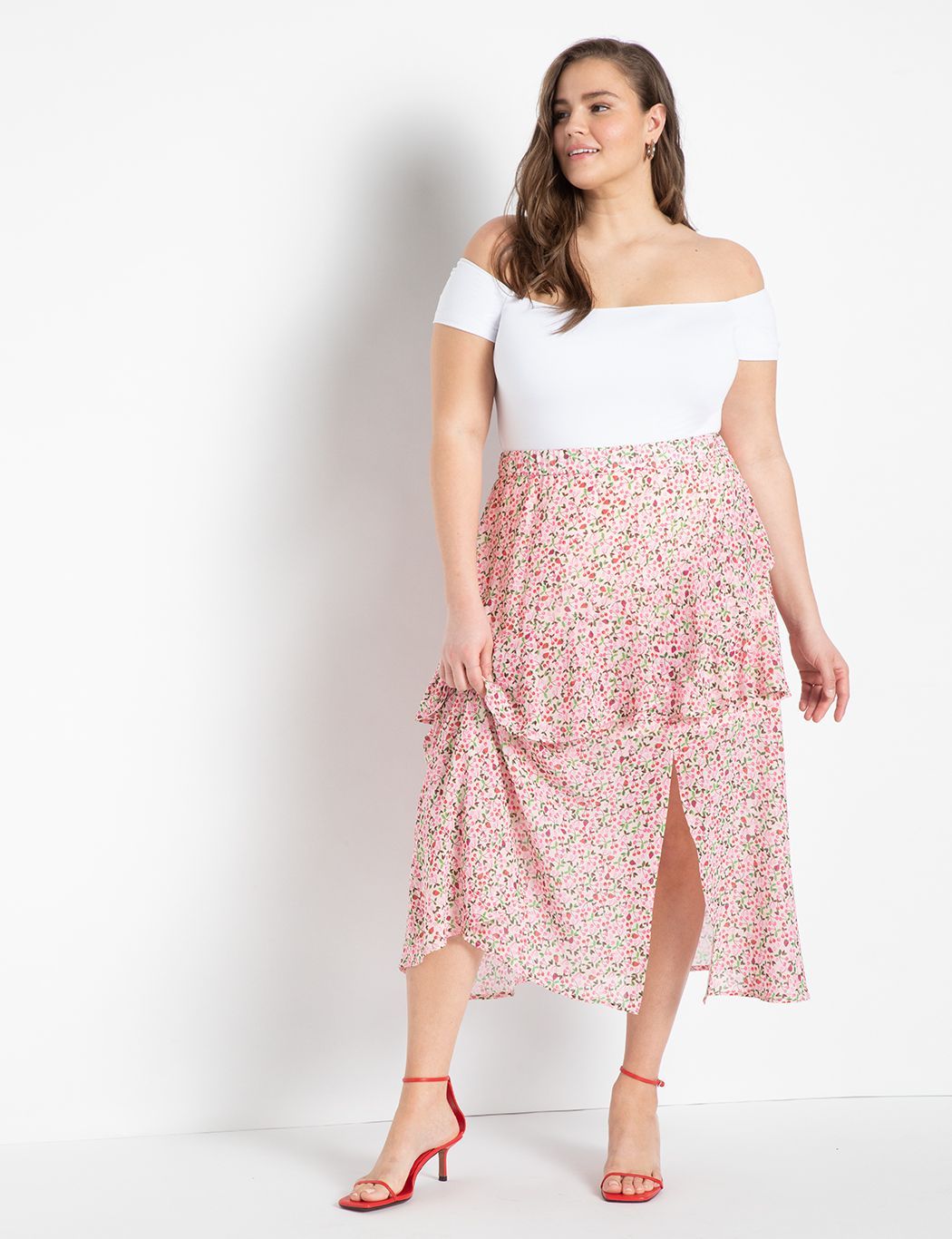 Flounce Midi Skirt | Women's Plus Size Skirts | ELOQUII | Eloquii