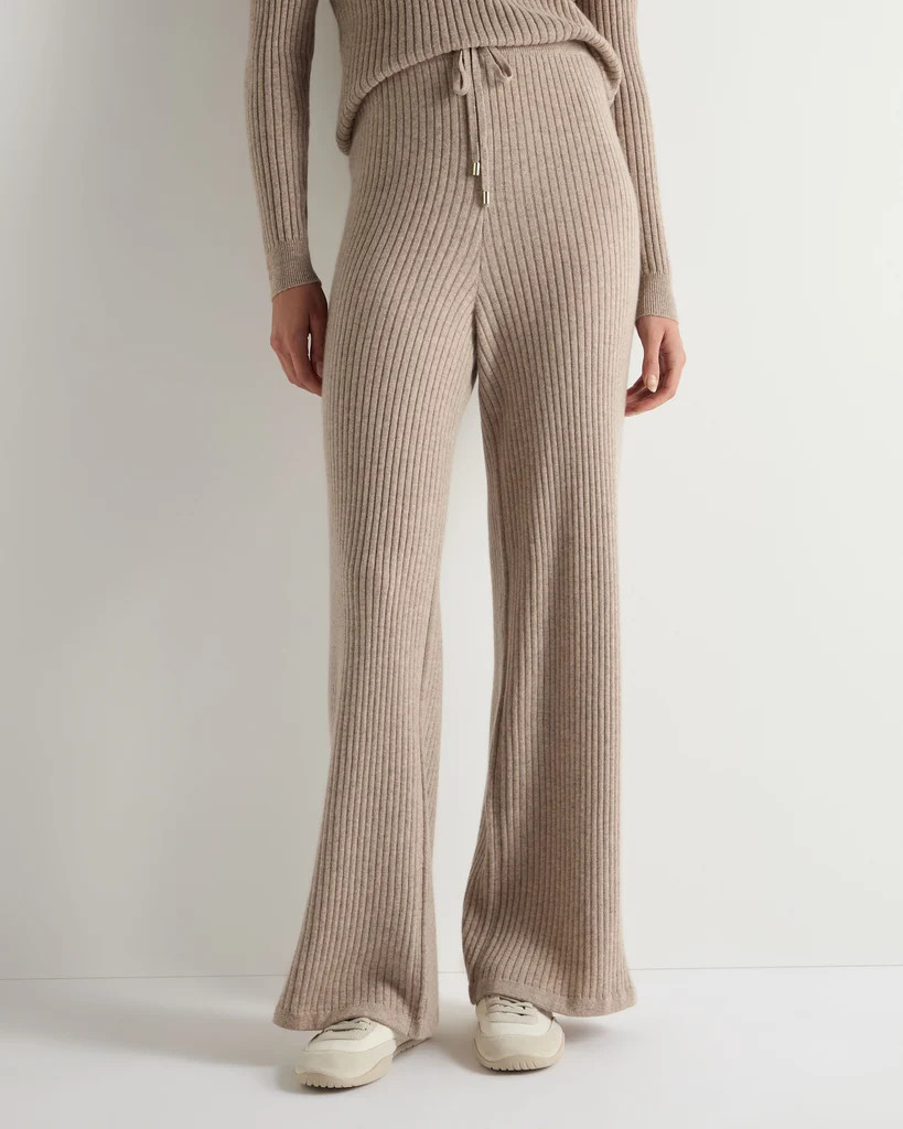 Women's Ribbed Wide Leg Cashmere Trousers Oatmeal Brown | N.Peal