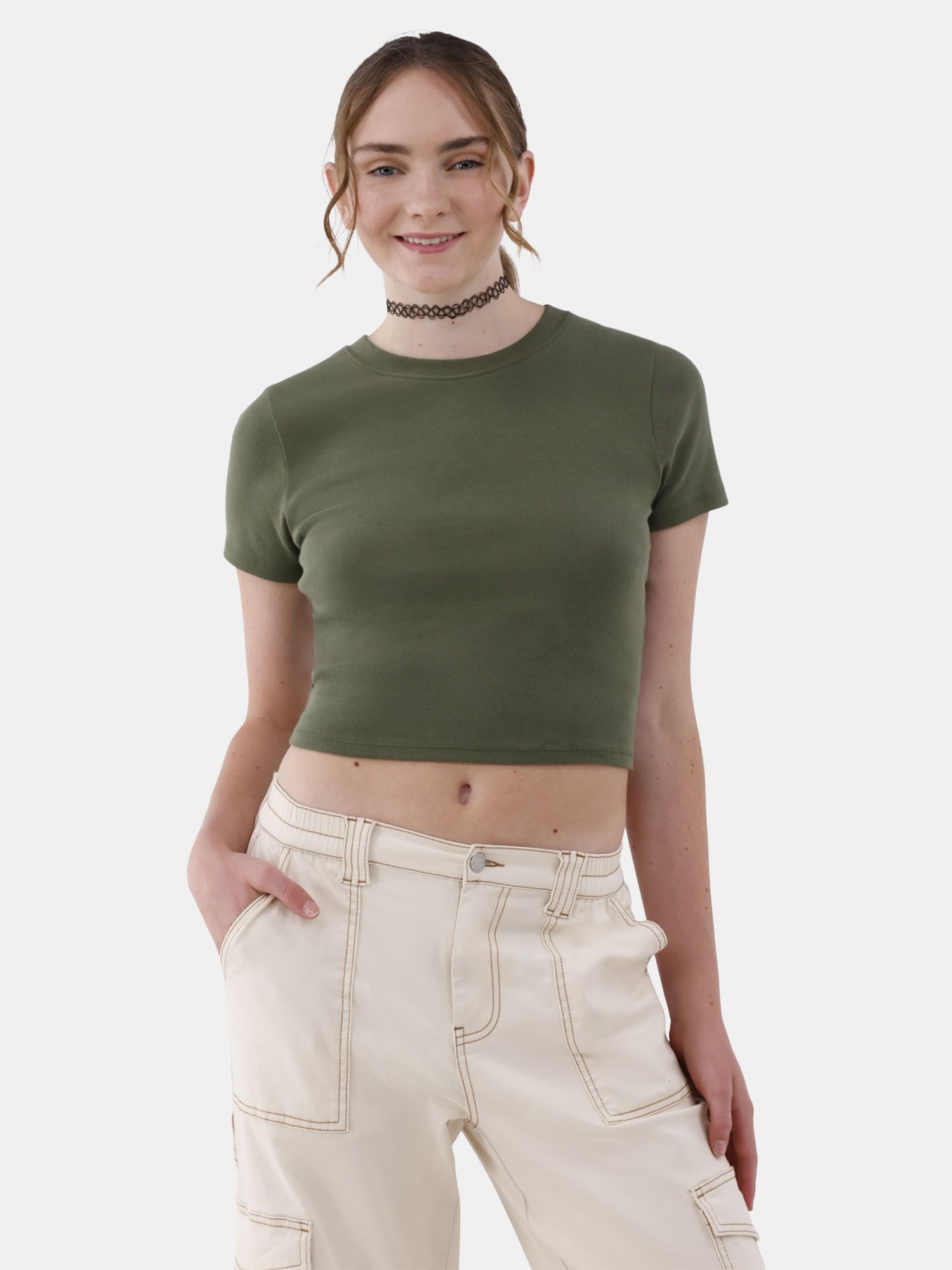 No Boundaries Cropped Cotton Tee with Short Sleeves, Women’s | Walmart (US)