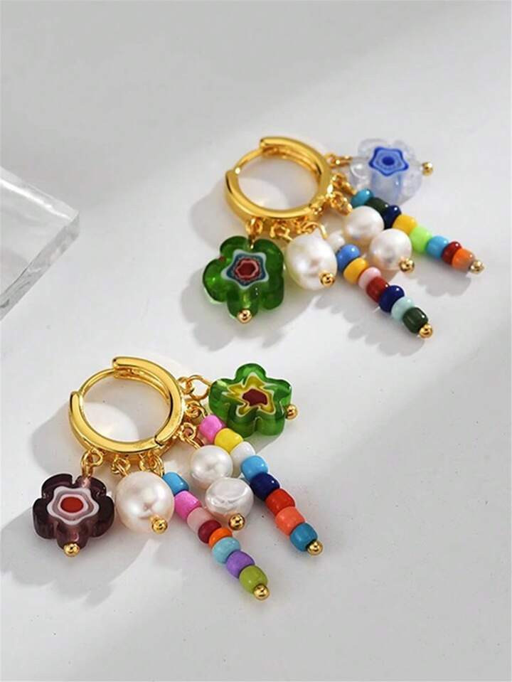 Flower Shaped Random Color Freshwater Faux Pearl Earrings, Fashionable Design Colored Tassel Ear Drops Jewelry Valentines | SHEIN