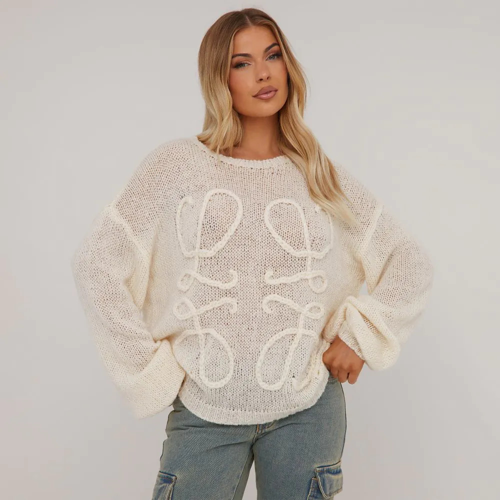 Long Sleeve Swirl Detail Jumper In Cream Knit | EGO (UK)