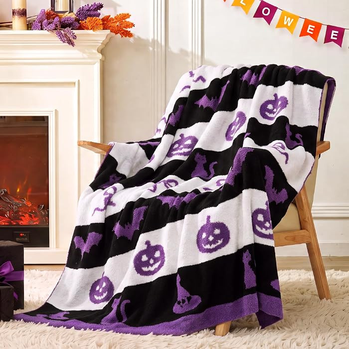 Snuggle Sac Halloween Throw Blanket, Reversible Purple Black Stripe, Cat Witch Hat Blanket for Co... | Amazon (US)