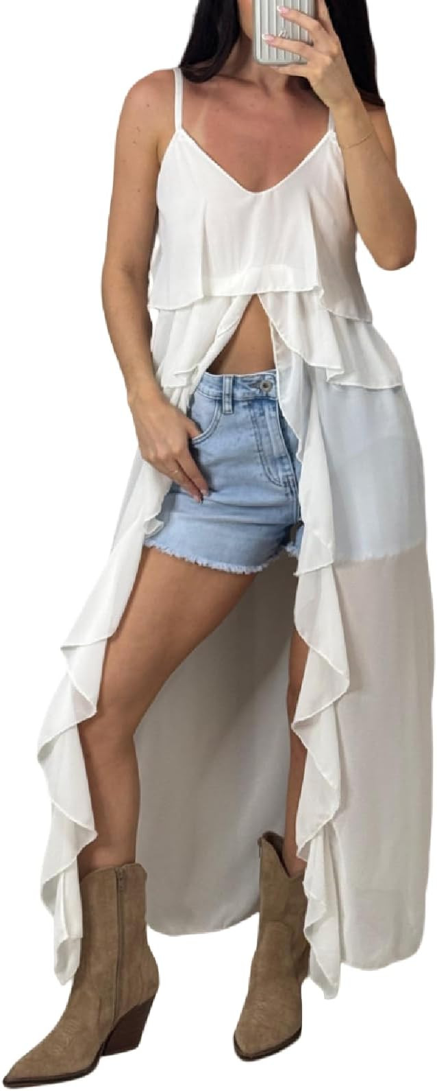 Women Split Front Ruffle Flowy Long Cami Shirt Sleeveless Backless Spaghetti Strap Layer Chiffon ... | Amazon (US)