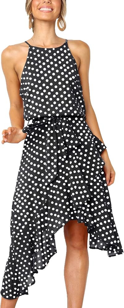 ECOWISH Womens Boho Polka-dot Tie Waist Irregular Cocktail Midi Dress Sleeveless Halter Neck Sexy... | Amazon (US)