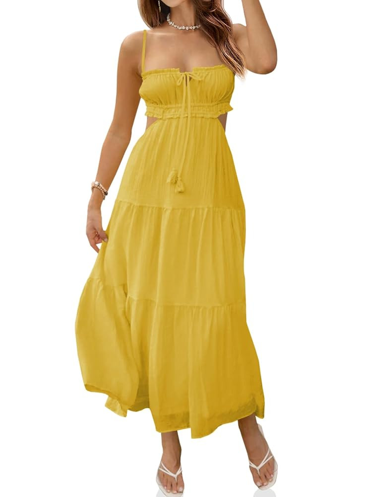 Fisoew Women's Spaghetti Strap Maxi Dress Summer Sleeveless Side Cut Out Dress Casual Boho Backle... | Amazon (US)