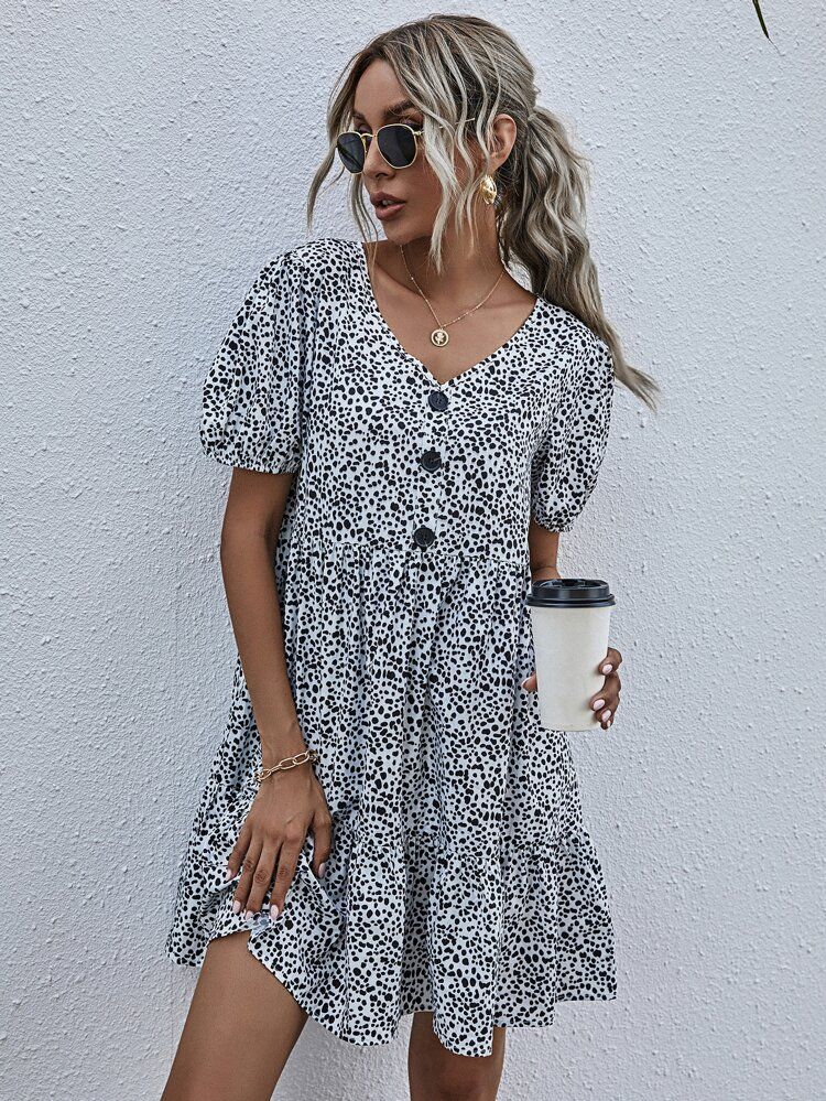 Dalmatian Print Button Front Ruffle Hem Smock Dress | SHEIN