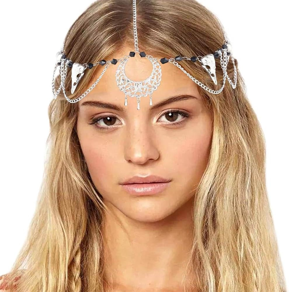 Urieo Boho Moon Head Chain Raven Skull Silver Hair Chains Crystal Layered Forehead Chain Pendant ... | Amazon (US)