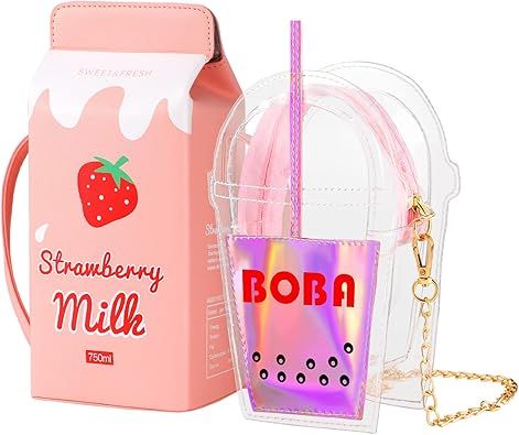 2 Pcs Kawaii Fruits Milk Strawberry Box Cross Body Purse Bag and Cute Tea Purse Clear Transparent... | Amazon (US)