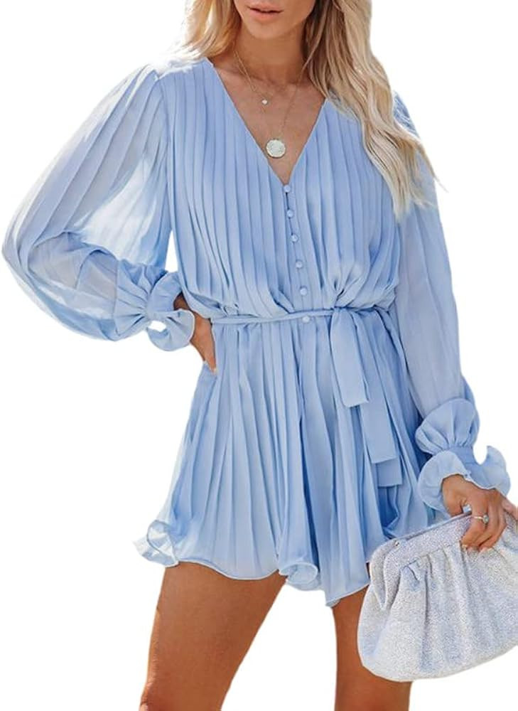 Dokotoo Womens 2023 Summer Buttons V Neck Tie Waist Flared Pleated Drape Long Sleeve Rompers Jump... | Amazon (US)