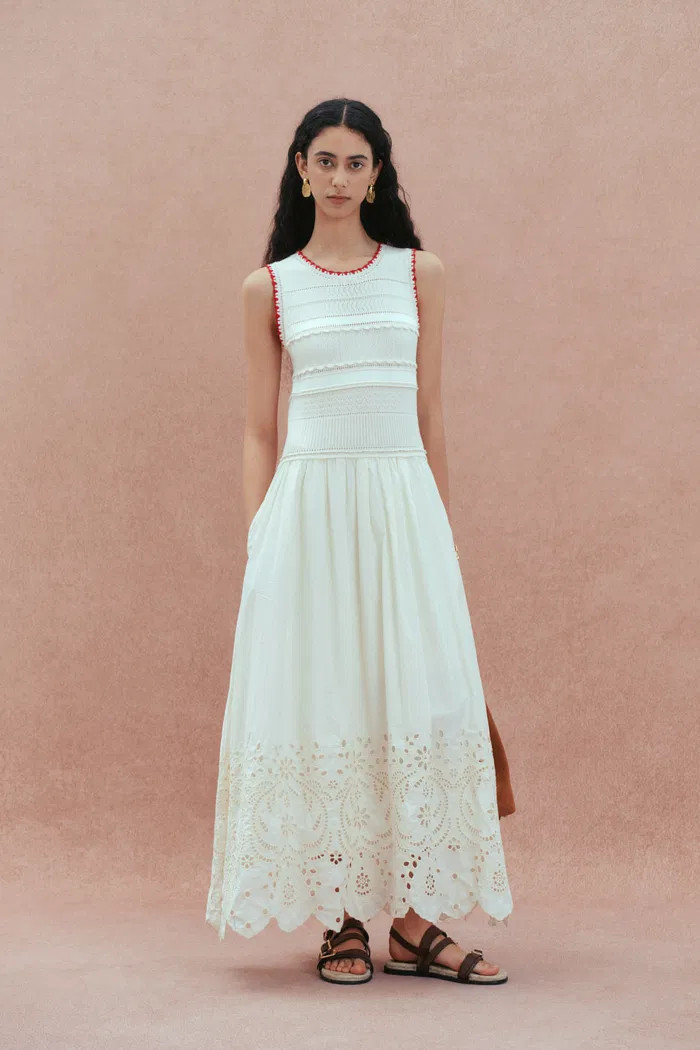 Charlie Mix Media Hand-Embroidered Trim Dress in Cotton-Cashmere and C | Fabrique