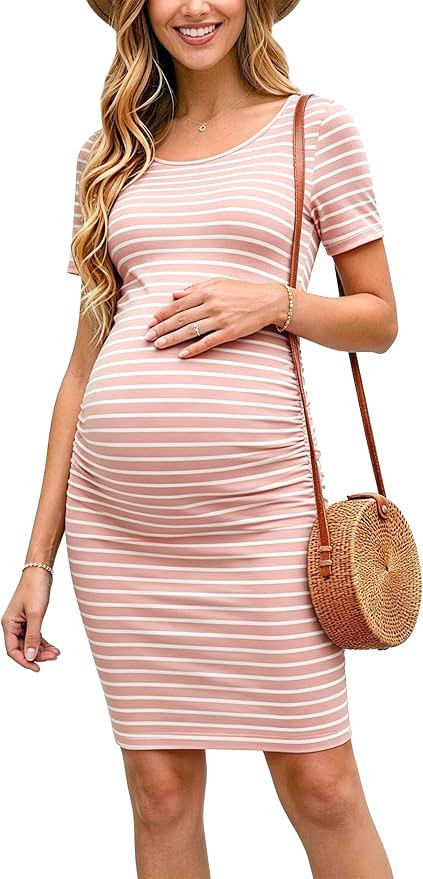 Liu & Qu Women's Maternity Bodycon Ruched Side Dress Casual Short & 3/4 Sleeve Dress for Daily We... | Amazon (US)