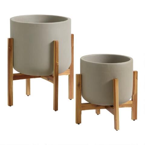 Sevilla Cement Outdoor Planter With Wood Stand | World Market