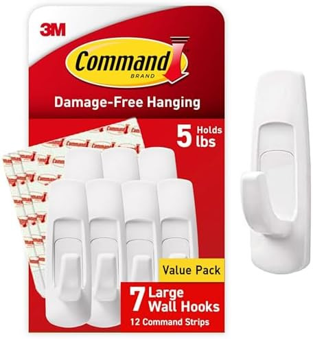 Command 5 lb Large Utility Hooks, 7 Wall Hooks and 12 Command Strips, Damage-Free Hanging with Ad... | Amazon (US)