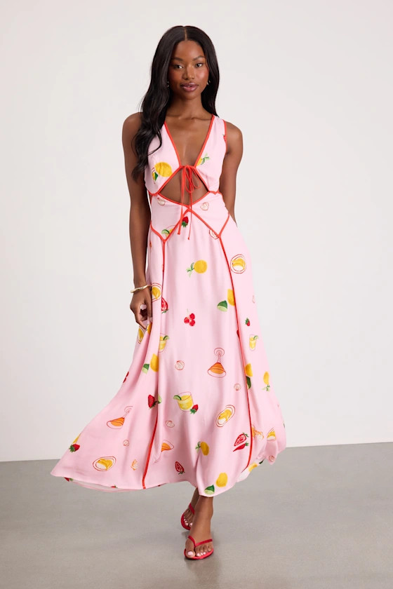 Nabina Light Pink Multi Print Tie-Front Maxi Dress | Lulus