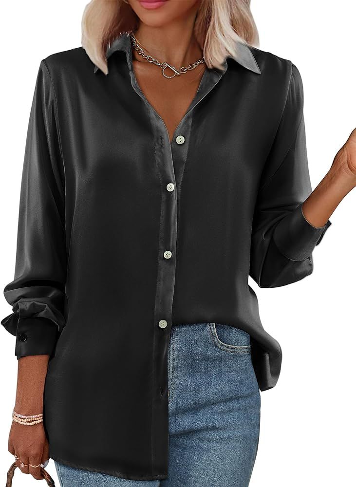 Amoretu Women's Silk Long Sleeve Button Down Shirt Satin Office Blouses | Amazon (US)