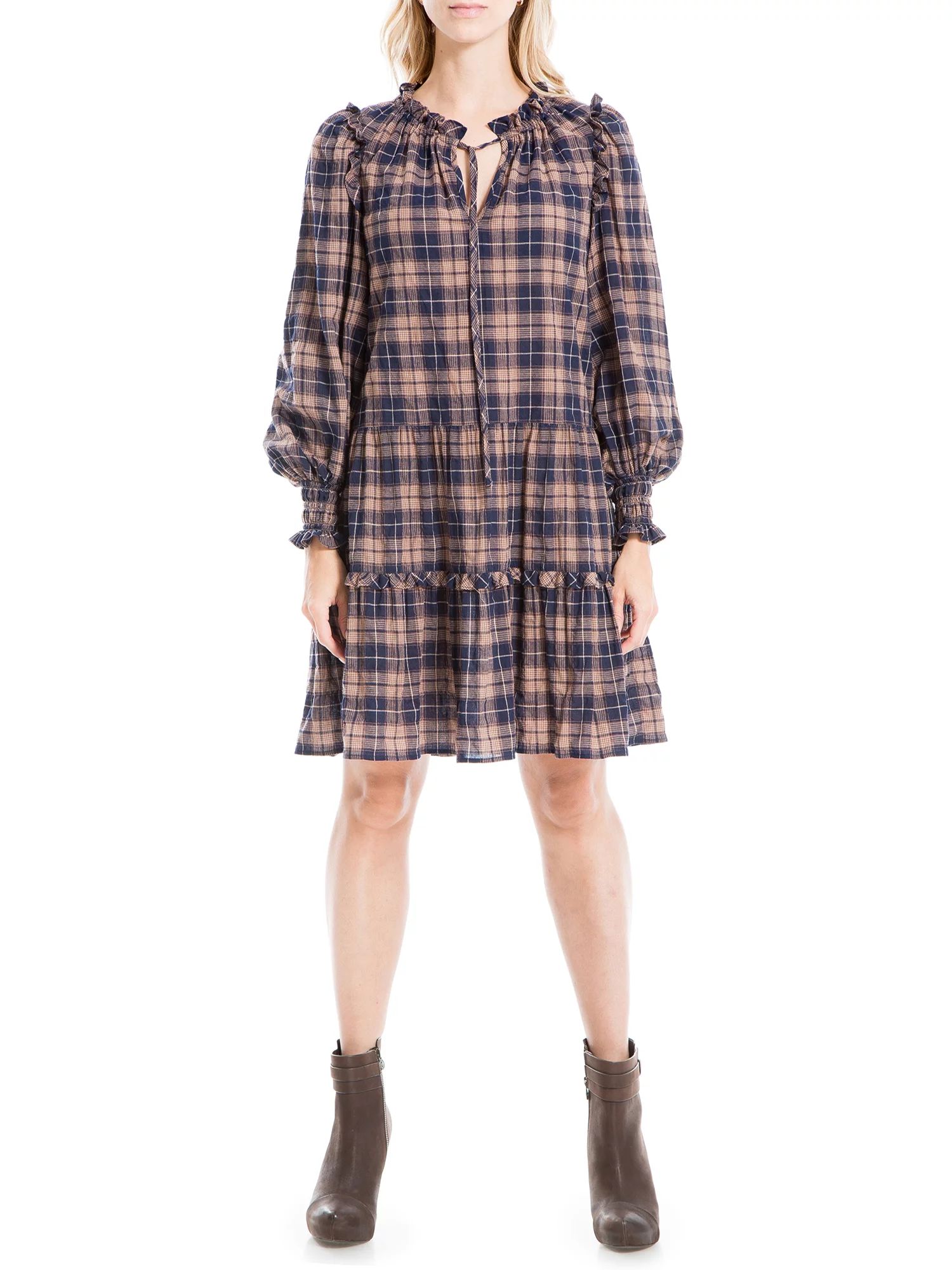 Max Studio Women's Rayon Plaid Long Smock Sleeve Short Dress | Walmart (US)