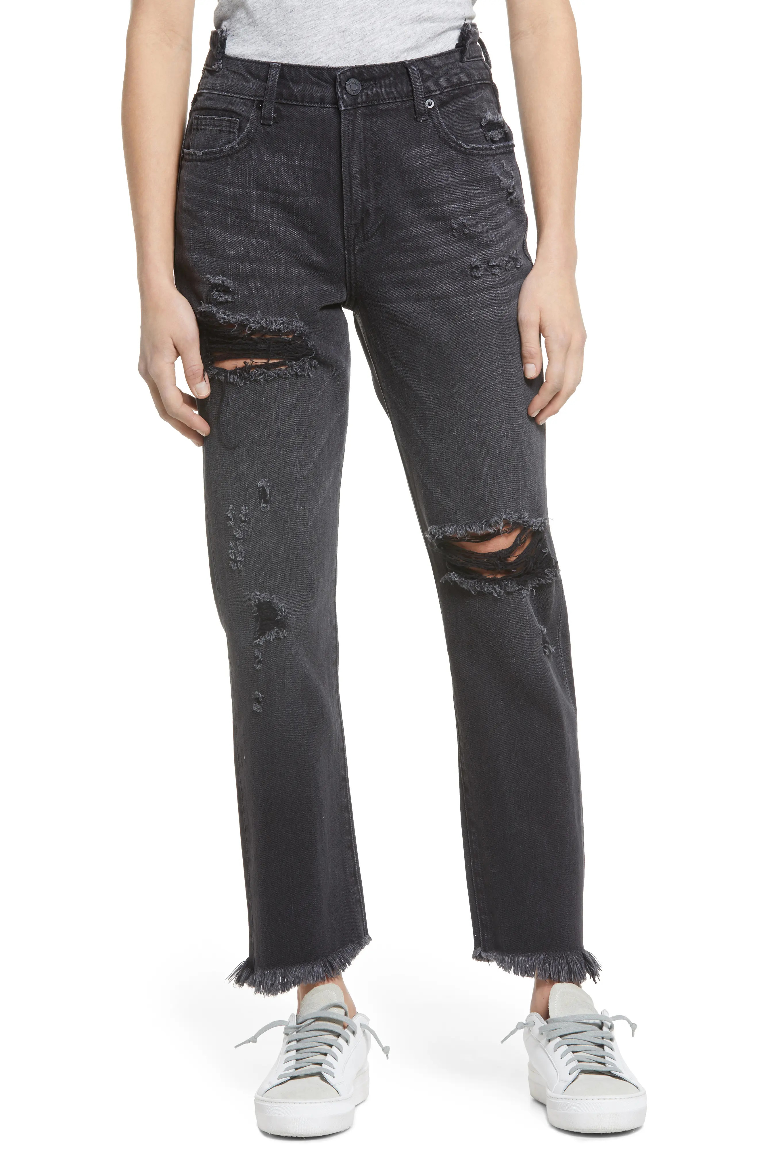 Women's Hidden Jeans Ripped High Waist Straight Leg Jeans, Size 30 - Black | Nordstrom