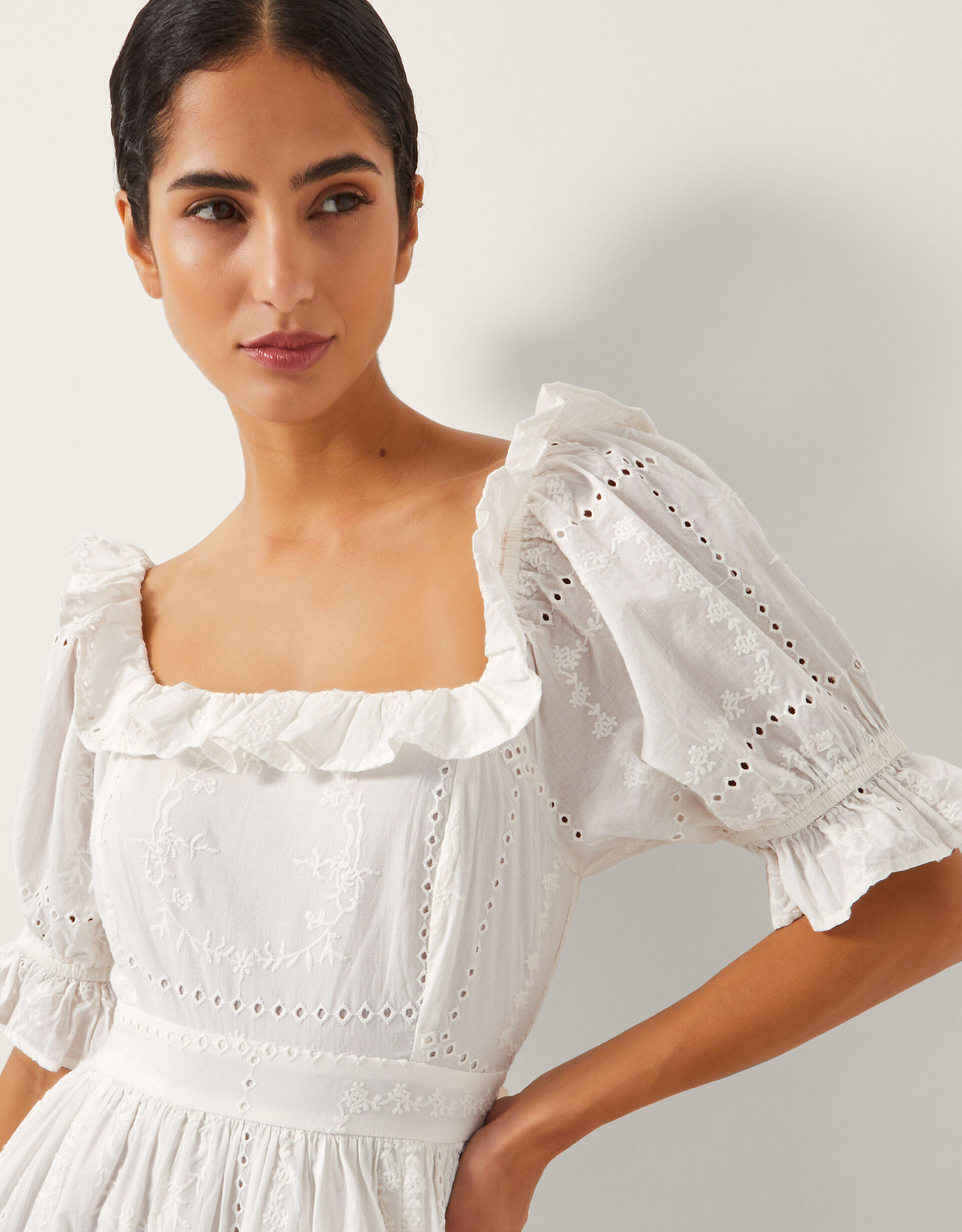 The India Edit Matilda Puff Sleeve Broderie Midi Dress White | Monsoon (UK)
