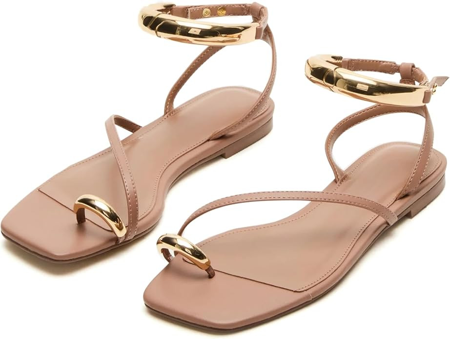 Yishaweiqi Metal Ankle Strap Flat Sandals for Women Toe Ring Strappy Slip On Sandals Open Square ... | Amazon (US)
