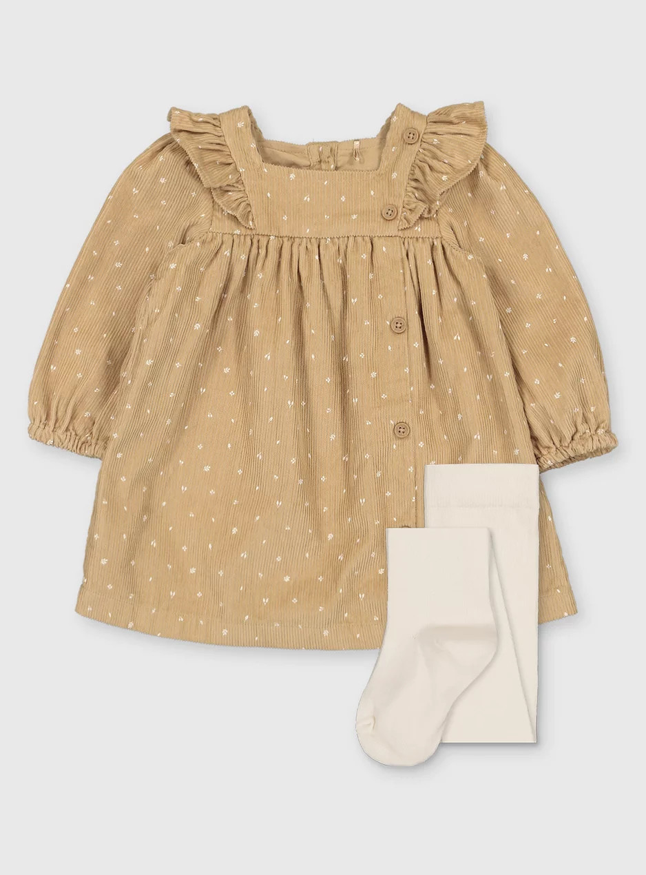 Pale Ochre Corduroy Dress & Tights (0-3 Years) | Tu Clothing